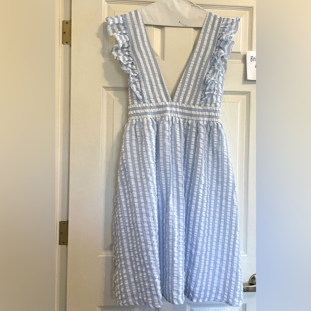 Caitlin Covington x Pink Lily Hamptons striped blue, midi dress. Size small.